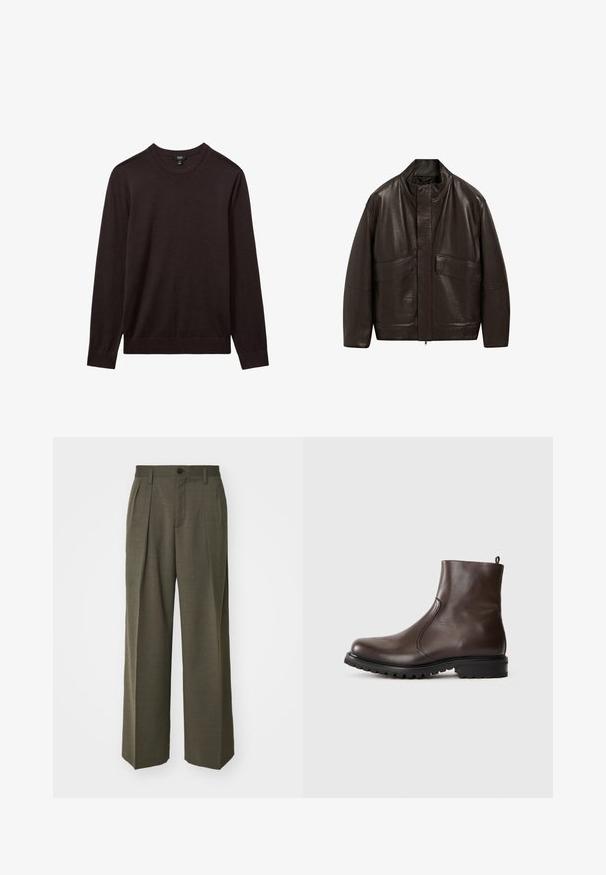 Bruine leren jas met een hoge kraag, ritssluiting en twee grote zijzakken; heeft een gladde textuur en een ontspannen pasvorm.; Reiss Trui - dark bordeaux; Filippa K WIDE TROUSERS - Broek - driftwood; Bruine leren enkelboot met een gladde textuur, elastische zijpanelen, een trekband aan de achterkant en een robuuste rubberen zool.