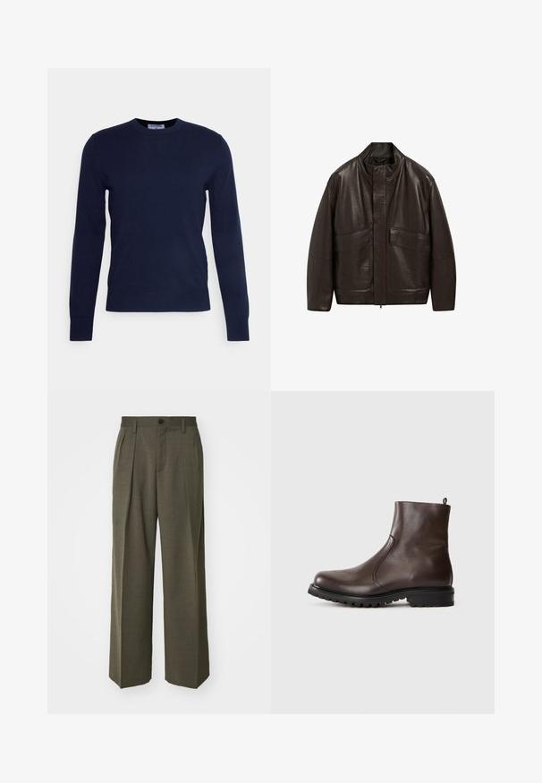 Brown leather jacket with a high collar, zip closure, and two large front pockets; features a smooth texture and relaxed fit design.; Navy blue crew-neck sweater made of soft fabric, featuring long sleeves and a ribbed hem. No visible patterns or embellishments.; Filippa K WIDE TROUSERS - Trousers - driftwood; Brown leather ankle boot with a smooth texture, elastic side panels, pull tab at the back, and a rugged rubber sole.