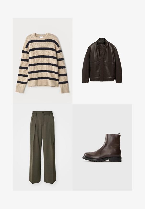 Braune Lederjacke mit hohem Kragen, Reißverschluss und zwei großen Fronttaschen; zeichnet sich durch eine glatte Textur und einen lässigen Schnitt aus.; Beige gestrickter Pullover mit dunkelblauen horizontalen Streifen, der ein strukturiertes Muster und gerippte Bündchen aufweist. Rundhalsausschnitt und lässige Passform.; Filippa K WIDE TROUSERS - Stoffhose - driftwood; Braune Leder-Stiefeletten mit glatter Textur, elastischen seitlichen Einsätzen, einer Schlaufe hinten und einer robusten Gummisohle.