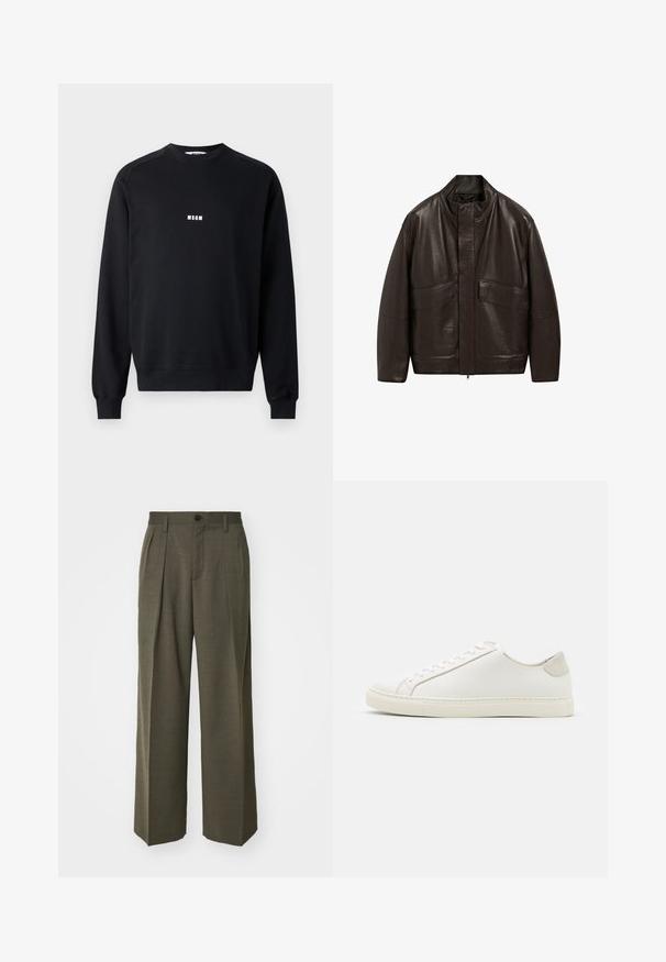 Brown leather jacket with a high collar, zip closure, and two large front pockets; features a smooth texture and relaxed fit design.; Black sweatshirt made of cotton blend, featuring a crew neckline, long sleeves, ribbed cuffs, and a white MSGM logo on the chest.; Filippa K WIDE TROUSERS - Trousers - driftwood; White leather sneaker with a smooth surface, round toe, and minimalistic design. Features beige accents on the heel and a rubber sole.