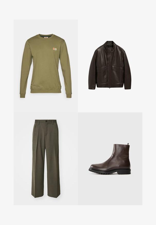 Brown leather jacket with a high collar, zip closure, and two large front pockets; features a smooth texture and relaxed fit design.; Olive green long-sleeve sweatshirt made of soft cotton, featuring a small logo patch on the chest and ribbed cuffs and hem.; Filippa K WIDE TROUSERS - Trousers - driftwood; Brown leather ankle boot with a smooth texture, elastic side panels, pull tab at the back, and a rugged rubber sole.