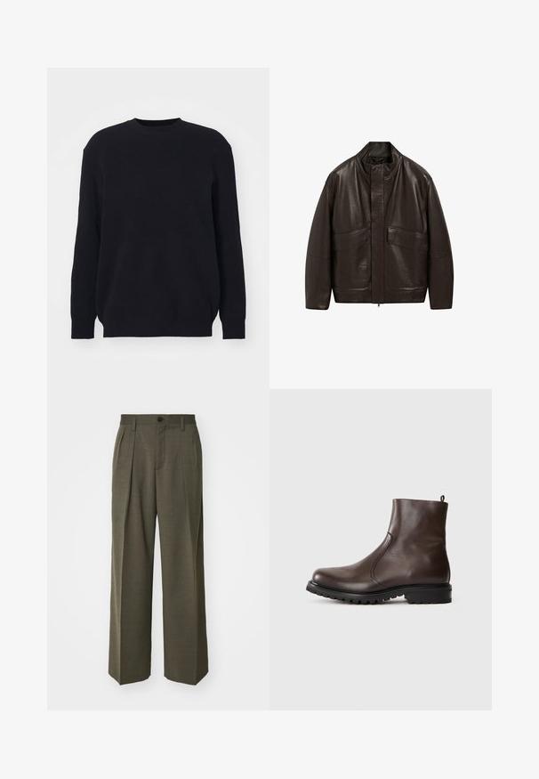 Braune Lederjacke mit hohem Kragen, Reißverschluss und zwei großen Fronttaschen; zeichnet sich durch eine glatte Textur und einen lässigen Schnitt aus.; Schwarzer gerippter Pullover mit langen Ärmeln und rundem Halsausschnitt. Aus weichem Strickstoff gefertigt, hat er eine lockere Passform und keine sichtbaren Hardware-Details.; Filippa K WIDE TROUSERS - Stoffhose - driftwood; Braune Leder-Stiefeletten mit glatter Textur, elastischen seitlichen Einsätzen, einer Schlaufe hinten und einer robusten Gummisohle.