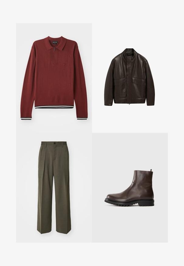 Brązowa skórzana kurtka z wysokim kołnierzem, zapięciem na zamek i dwiema dużymi kieszeniami z przodu; charakteryzuje się gładką fakturą i luźnym krojem.; Bordowa longsleeve polo z zamkiem przy kołnierzu, z prążkowanym dołem i mankietami w granatowe i białe paski, wykonana z miękkiego materiału.; Filippa K - Spodnie materiałowe; Brązowe skórzane botki za kostkę o gładkiej powierzchni, z elastycznymi bocznymi panelami, pętelką z tyłu oraz wytrzymałą gumową podeszwą.