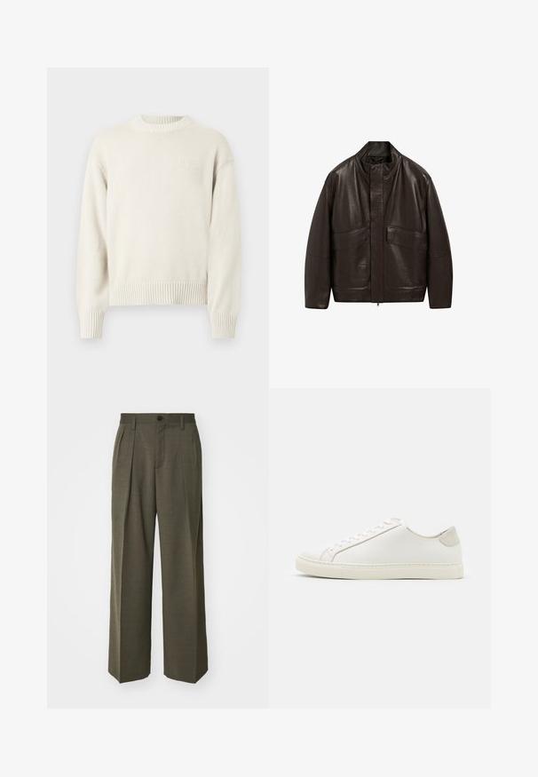 Braune Lederjacke mit hohem Kragen, Reißverschluss und zwei großen Fronttaschen; zeichnet sich durch eine glatte Textur und einen lässigen Schnitt aus.; Cremefarbener Strickpullover mit rundem Ausschnitt, gerippten Bündchen und Saum, der ein dezentes, geprägtes Logo auf der Brust aufweist.; Filippa K WIDE TROUSERS - Stoffhose - driftwood; Weiße Leder Sneakers mit glatter Oberfläche, runder Zehenform und minimalistischem Design. Mit beigen Akzenten an der Ferse und einer Gummisohle.