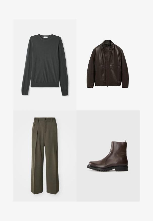 Bruine leren jas met een hoge kraag, ritssluiting en twee grote zijzakken; heeft een gladde textuur en een ontspannen pasvorm.; Donkergrijze lange mouw gebreide trui met een ronde halslijn, aansluitende manchetten en een geribbelde zoom. Glad textuur zonder zichtbare patronen of versieringen.; Filippa K WIDE TROUSERS - Broek - driftwood; Bruine leren enkelboot met een gladde textuur, elastische zijpanelen, een trekband aan de achterkant en een robuuste rubberen zool.