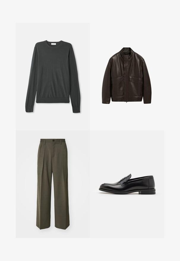 Bruine leren jas met een hoge kraag, ritssluiting en twee grote zijzakken; heeft een gladde textuur en een ontspannen pasvorm.; Donkergrijze lange mouw gebreide trui met een ronde halslijn, aansluitende manchetten en een geribbelde zoom. Glad textuur zonder zichtbare patronen of versieringen.; Filippa K WIDE TROUSERS - Broek - driftwood; Zwarte leren instappers met een gladde textuur, ronde neus en een decoratieve band over de wreef. Lage, gestapelde hak en minimalistisch ontwerp.
