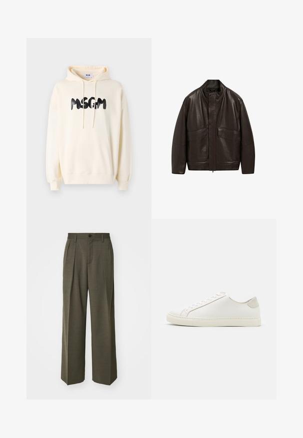 Brun läderjacka med hög krage, dragkedjestängning och två stora framfickor; har en slät yta och en avslappnad passform.; Krämfärgad hoodie med en framficka, dragsnodd i huvan och svart "MSGM"-logotyp. Har ribbade muddar och nederkant, tillverkad av mjukt tyg.; Filippa K WIDE TROUSERS - Tygbyxor - driftwood; Vita lädersneakers med en slät yta, rund tå och minimalistisk design. Har beige detaljer vid hälen och en gummisula.