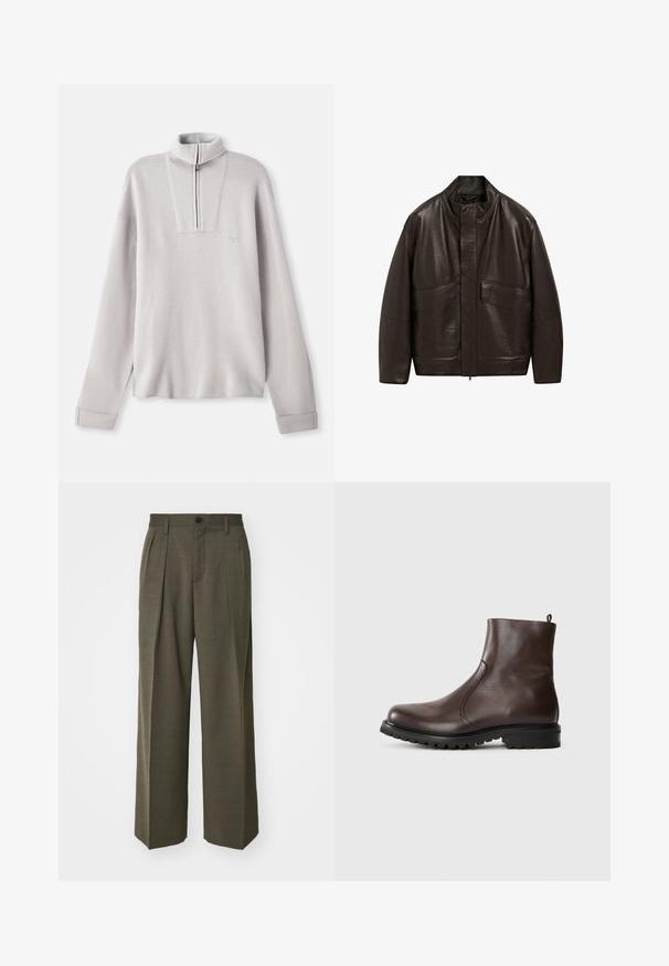 Braune Lederjacke mit hohem Kragen, Reißverschluss und zwei großen Fronttaschen; zeichnet sich durch eine glatte Textur und einen lässigen Schnitt aus.; Helles grauer Fleece-Pullover mit einem Halb-Reißverschluss-Kragen, langen Ärmeln und einem kleinen Logo auf der Brust. Weicher Stoff und lässiger Schnitt.; Filippa K WIDE TROUSERS - Stoffhose - driftwood; Braune Leder-Stiefeletten mit glatter Textur, elastischen seitlichen Einsätzen, einer Schlaufe hinten und einer robusten Gummisohle.