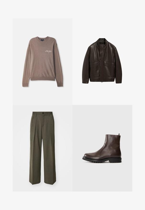 Brązowa skórzana kurtka z wysokim kołnierzem, zapięciem na zamek i dwiema dużymi kieszeniami z przodu; charakteryzuje się gładką fakturą i luźnym krojem.; Brązowy sweter z dzianiny z długimi rękawami i okrągłym dekoltem. Posiada małe wyszywane logo na piersi oraz ściągacze przy mankietach i u dołu.; Filippa K - Spodnie materiałowe; Brązowe skórzane botki za kostkę o gładkiej powierzchni, z elastycznymi bocznymi panelami, pętelką z tyłu oraz wytrzymałą gumową podeszwą.