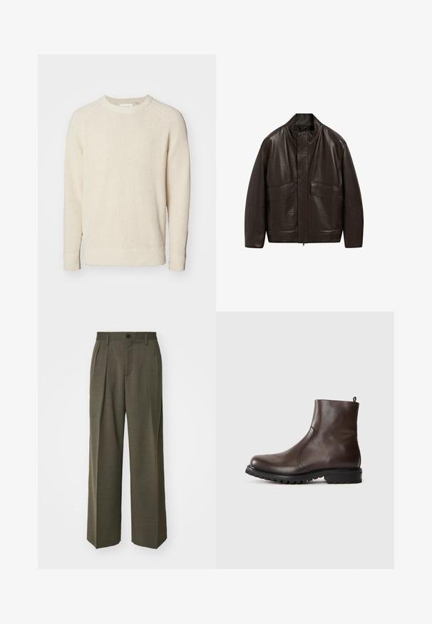 Brown leather jacket with a high collar, zip closure, and two large front pockets; features a smooth texture and relaxed fit design.; Light beige pullover sweater with a ribbed texture, round neckline, and long raglan sleeves. Side slits at the hem for ease of movement.; Filippa K WIDE TROUSERS - Trousers - driftwood; Brown leather ankle boot with a smooth texture, elastic side panels, pull tab at the back, and a rugged rubber sole.