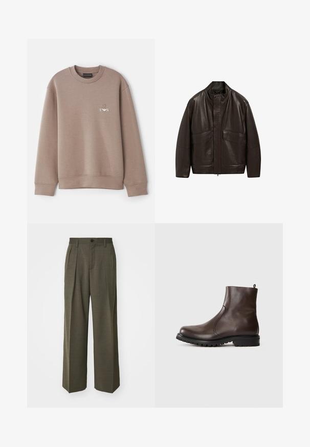 Brun läderjacka med hög krage, dragkedjestängning och två stora framfickor; har en slät yta och en avslappnad passform.; Brun sweatshirt gjord av mjukt material. Har rund halsringning och ribbade muddar. Dekorativ "EVA"-logotyp på bröstet med ett emblem ovanför.; Filippa K WIDE TROUSERS - Tygbyxor - driftwood; Brun läderankelboot med en slät yta, elastiska sidopaneler, dragflik bak och en robust gummisula.