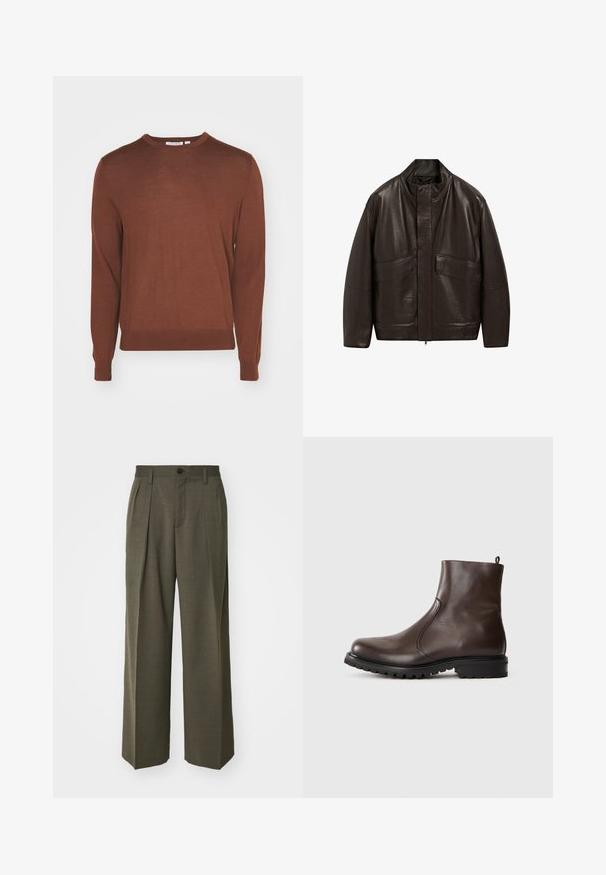 Bruine leren jas met een hoge kraag, ritssluiting en twee grote zijzakken; heeft een gladde textuur en een ontspannen pasvorm.; Tiger of Sweden CONNOR - Trui - old terracotta; Filippa K WIDE TROUSERS - Broek - driftwood; Bruine leren enkelboot met een gladde textuur, elastische zijpanelen, een trekband aan de achterkant en een robuuste rubberen zool.