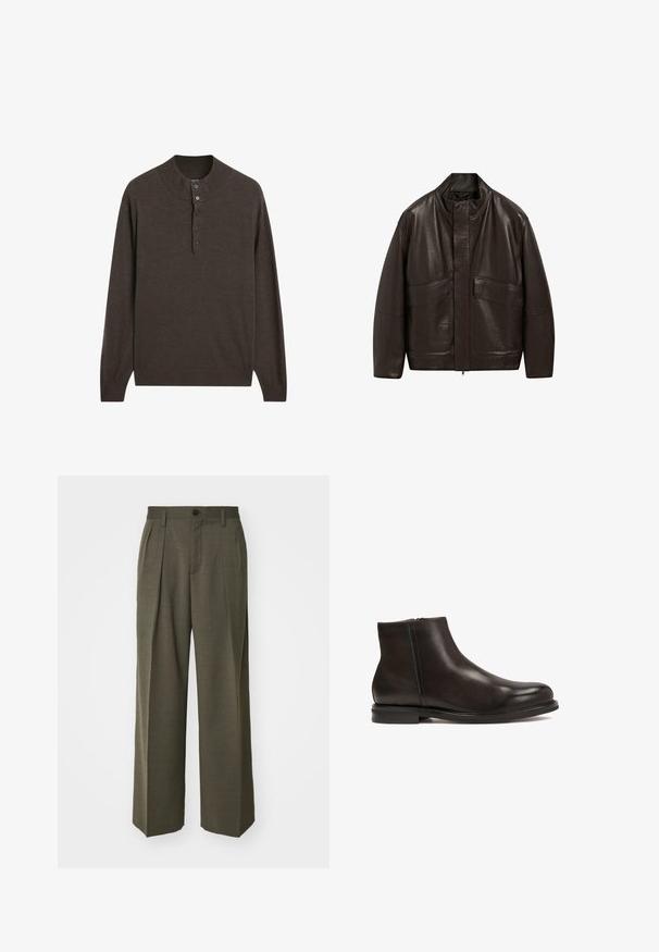Bruine leren jas met een hoge kraag, ritssluiting en twee grote zijzakken; heeft een gladde textuur en een ontspannen pasvorm.; Bruine lange mouwen trui met een hoge kraag en een placket met drie knopen. Gemaakt van zachte stof, heeft het een gladde textuur en geribbelde manchetten.; Filippa K WIDE TROUSERS - Broek - driftwood; Zwarte leren enkelboot met een gladde textuur, ronde neus en een lage hak. Voorzien van een zijrits voor gemakkelijk aan- en uittrekken.