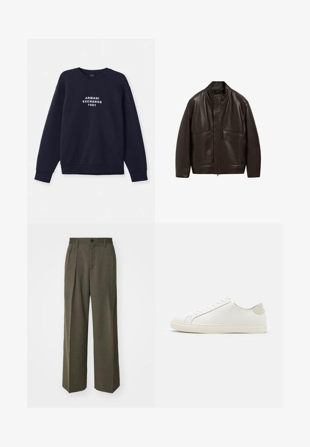 Giubbotto in pelle marrone con colletto alto, chiusura a zip e due grandi tasche frontali; presenta una texture liscia e un design dalla vestibilità comoda.; Felpa blu navy a maniche lunghe, con collo rotondo e polsini a coste. Presenta il logo bianco "ARMANI EXCHANGE 1991" stampato sul davanti.; Filippa K WIDE TROUSERS - Pantaloni - driftwood; Sneaker bianca in pelle con superficie liscia, punta rotonda e design minimalista. Presenta dettagli beige sul tallone e una suola in gomma.