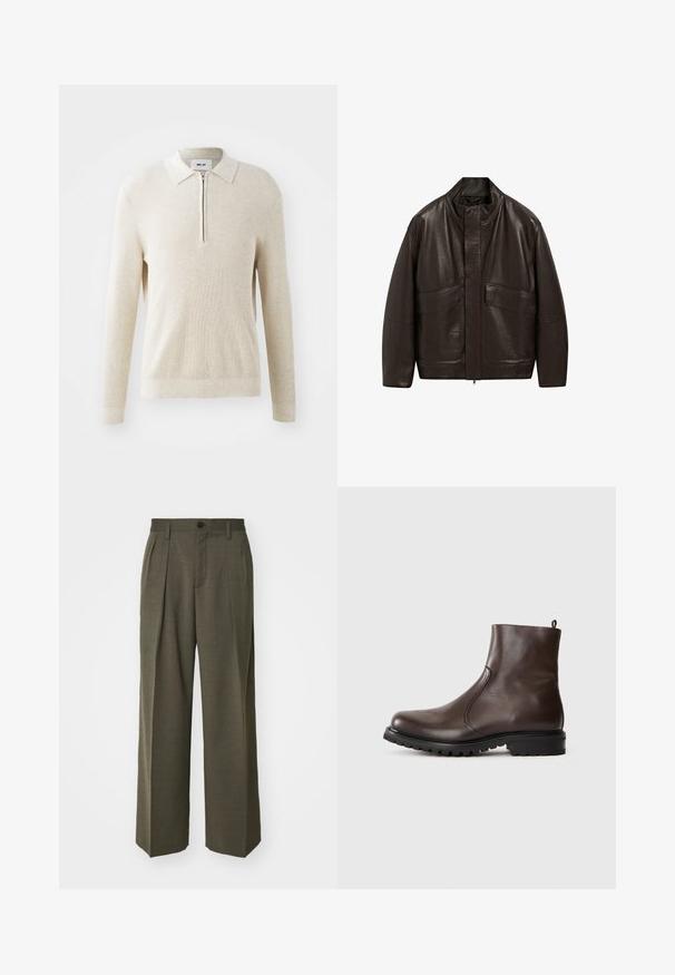 Braune Lederjacke mit hohem Kragen, Reißverschluss und zwei großen Fronttaschen; zeichnet sich durch eine glatte Textur und einen lässigen Schnitt aus.; Cremfarbener, gerippter Pullover mit Reißverschlusskragen, langen Ärmeln und lässigem Schnitt, der mit einem strukturierten Strickmuster und einem elastischen Saum versehen ist.; Filippa K WIDE TROUSERS - Stoffhose - driftwood; Braune Leder-Stiefeletten mit glatter Textur, elastischen seitlichen Einsätzen, einer Schlaufe hinten und einer robusten Gummisohle.
