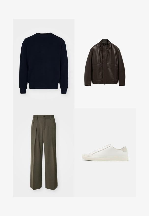 Brown leather jacket with a high collar, zip closure, and two large front pockets; features a smooth texture and relaxed fit design.; Navy blue sweater with a ribbed texture, crew neck, and long sleeves. Features a straight hem and minimalistic design with no visible logos.; Filippa K WIDE TROUSERS - Trousers - driftwood; White leather sneaker with a smooth surface, round toe, and minimalistic design. Features beige accents on the heel and a rubber sole.
