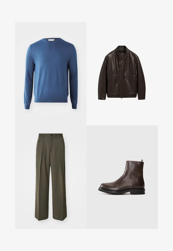 Braune Lederjacke mit hohem Kragen, Reißverschluss und zwei großen Fronttaschen; zeichnet sich durch eine glatte Textur und einen lässigen Schnitt aus.; Blaues Rundhalsoberteil aus weichem Stoff. Lange Ärmel und gerippter Saum. Minimalistisches Design ohne sichtbare Muster oder Hardware.; Filippa K WIDE TROUSERS - Stoffhose - driftwood; Braune Leder-Stiefeletten mit glatter Textur, elastischen seitlichen Einsätzen, einer Schlaufe hinten und einer robusten Gummisohle.