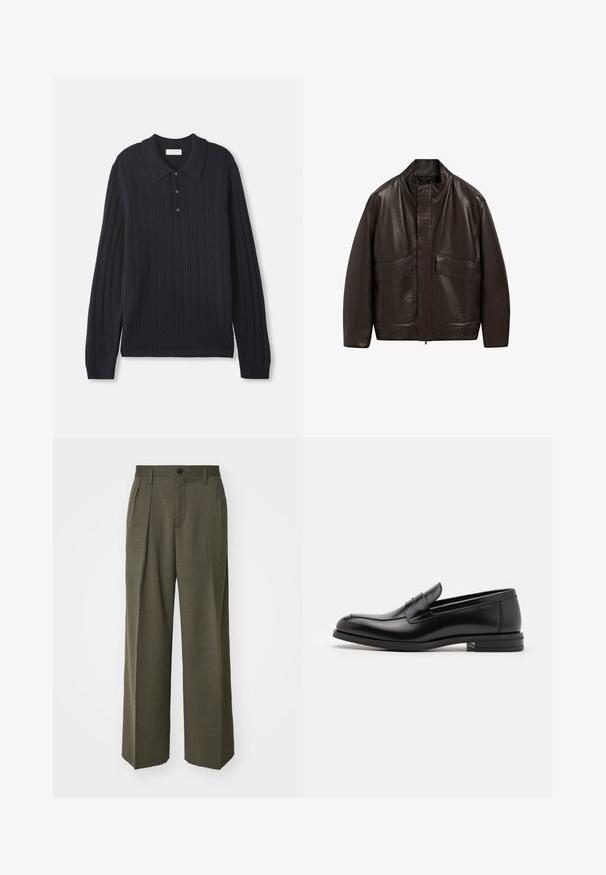 Giubbotto in pelle marrone con colletto alto, chiusura a zip e due grandi tasche frontali; presenta una texture liscia e un design dalla vestibilità comoda.; Pullover polo a maniche lunghe in maglia di un blu navy scuro, con tre bottoni e polsini a costine, caratterizzato da un motivo a righe verticali testurizzato.; Filippa K WIDE TROUSERS - Pantaloni - driftwood; Mocassini neri in pelle con una texture liscia, punta arrotondata e una striscia decorativa sulla tomaia. Tacco basso impilato, design minimalista.