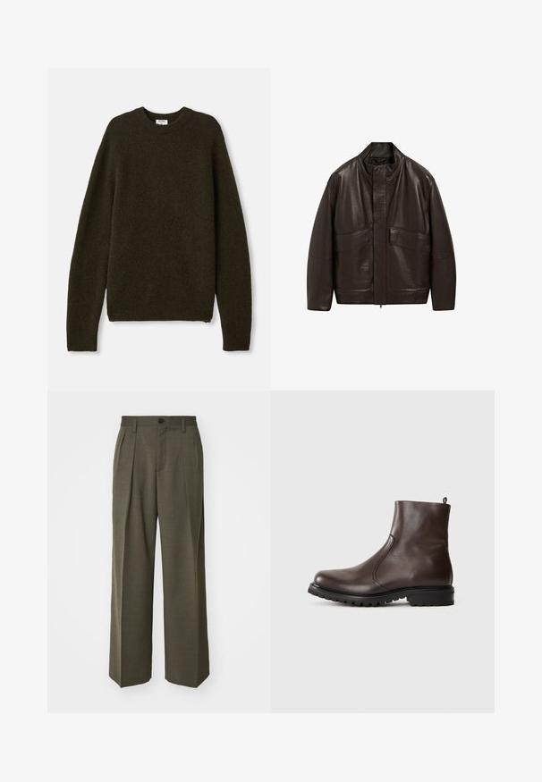 Giubbotto in pelle marrone con colletto alto, chiusura a zip e due grandi tasche frontali; presenta una texture liscia e un design dalla vestibilità comoda.; Maglione a maglia verde scuro con collo rotondo, maniche lunghe e orli a coste. Realizzato in morbido tessuto di misto lana dalla texture unica.; Filippa K WIDE TROUSERS - Pantaloni - driftwood; Stivale alla caviglia in pelle marrone con una texture liscia, pannelli laterali elasticizzati, linguetta sul retro e suola in gomma robusta.