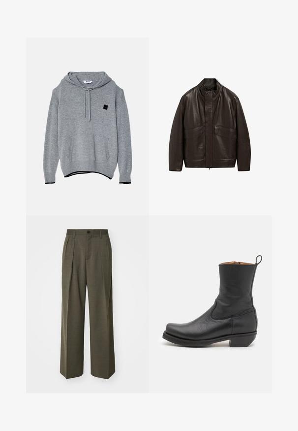 Braune Lederjacke mit hohem Kragen, Reißverschluss und zwei großen Fronttaschen; zeichnet sich durch eine glatte Textur und einen lässigen Schnitt aus.; Grauer Strickhoodie mit einer Vordertasche, Kapuze mit Kordelzug, schwarzem gesticktem Logo auf der Brust und gerippten Bündchen und Saum.; Filippa K WIDE TROUSERS - Stoffhose - driftwood; Schwarze Leder-Stiefelette mit glatter Oberfläche, schlankem Profil, seitlicher Naht und niedrigem, quadratischen Absatz. Verfügt über eine Zuglasche an der Rückseite.