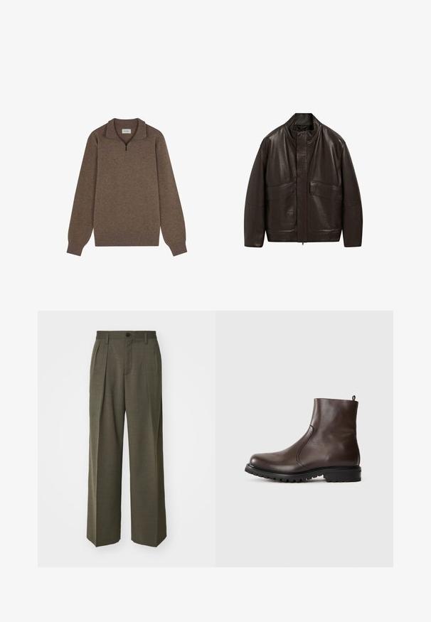 Giubbotto in pelle marrone con colletto alto, chiusura a zip e due grandi tasche frontali; presenta una texture liscia e un design dalla vestibilità comoda.; Pullover marrone con colletto a zip a quarto, maniche lunghe, polsini e orlo a coste, realizzato in morbido tessuto texturizzato.; Filippa K WIDE TROUSERS - Pantaloni - driftwood; Stivale alla caviglia in pelle marrone con una texture liscia, pannelli laterali elasticizzati, linguetta sul retro e suola in gomma robusta.