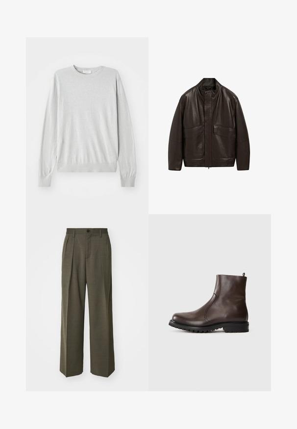 Braune Lederjacke mit hohem Kragen, Reißverschluss und zwei großen Fronttaschen; zeichnet sich durch eine glatte Textur und einen lässigen Schnitt aus.; Helles graues Strickpullover mit langen Ärmeln, rundem Ausschnitt und gerippten Bündchen und Saum. Gefertigt aus einem weichen, glatten Material.; Filippa K WIDE TROUSERS - Stoffhose - driftwood; Braune Leder-Stiefeletten mit glatter Textur, elastischen seitlichen Einsätzen, einer Schlaufe hinten und einer robusten Gummisohle.