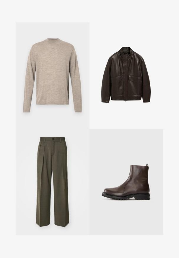 Brązowa skórzana kurtka z wysokim kołnierzem, zapięciem na zamek i dwiema dużymi kieszeniami z przodu; charakteryzuje się gładką fakturą i luźnym krojem.; Jasno beżowy sweter z długim rękawem i okrągłym dekoltem, wykonany z miękkiego materiału, o luźnym kroju i subtelnej teksturze. Bez wzorów ani akcentów.; Filippa K - Spodnie materiałowe; Brązowe skórzane botki za kostkę o gładkiej powierzchni, z elastycznymi bocznymi panelami, pętelką z tyłu oraz wytrzymałą gumową podeszwą.