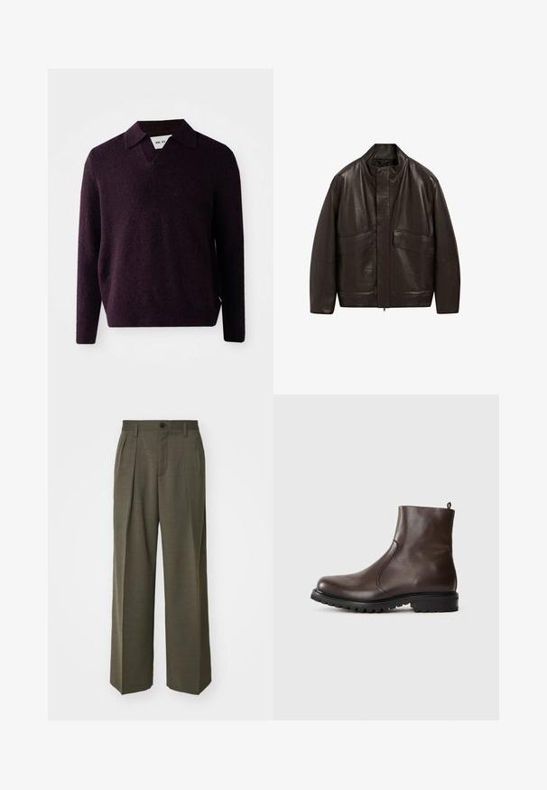 Giubbotto in pelle marrone con colletto alto, chiusura a zip e due grandi tasche frontali; presenta una texture liscia e un design dalla vestibilità comoda.; Maglione lavorato a maglia di un viola scuro con scollo a V, maniche lunghe e finitura testurizzata. Presenta un colletto classico e un'etichetta laterale.; Filippa K WIDE TROUSERS - Pantaloni - driftwood; Stivale alla caviglia in pelle marrone con una texture liscia, pannelli laterali elasticizzati, linguetta sul retro e suola in gomma robusta.