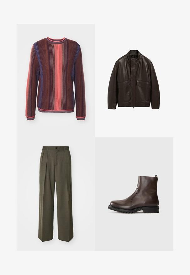 Braune Lederjacke mit hohem Kragen, Reißverschluss und zwei großen Fronttaschen; zeichnet sich durch eine glatte Textur und einen lässigen Schnitt aus.; Paul Smith CREW NECK - Strickpullover - red/multi; Filippa K WIDE TROUSERS - Stoffhose - driftwood; Braune Leder-Stiefeletten mit glatter Textur, elastischen seitlichen Einsätzen, einer Schlaufe hinten und einer robusten Gummisohle.