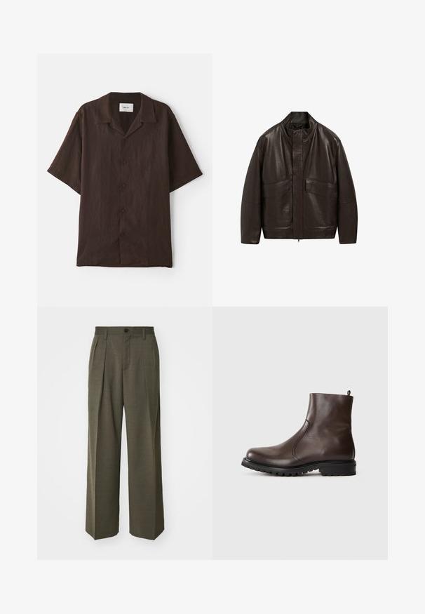 Giubbotto in pelle marrone con colletto alto, chiusura a zip e due grandi tasche frontali; presenta una texture liscia e un design dalla vestibilità comoda.; Camicia a maniche corte con bottoni in tessuto marrone scuro, con colletto piatto. Presenta una vestibilità comoda e una consistenza sottile. Nessun motivo o accento visibile.; Filippa K WIDE TROUSERS - Pantaloni - driftwood; Stivale alla caviglia in pelle marrone con una texture liscia, pannelli laterali elasticizzati, linguetta sul retro e suola in gomma robusta.