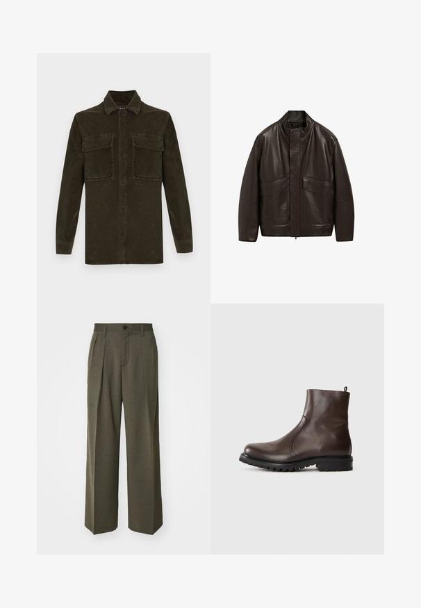 Bruine leren jas met een hoge kraag, ritssluiting en twee grote zijzakken; heeft een gladde textuur en een ontspannen pasvorm.; Donkergroene corduroy shirt met lange mouwen, knoopsluiting en twee borstzakken. Heeft een klassieke kraag en ribbeltextuur.; Filippa K WIDE TROUSERS - Broek - driftwood; Bruine leren enkelboot met een gladde textuur, elastische zijpanelen, een trekband aan de achterkant en een robuuste rubberen zool.