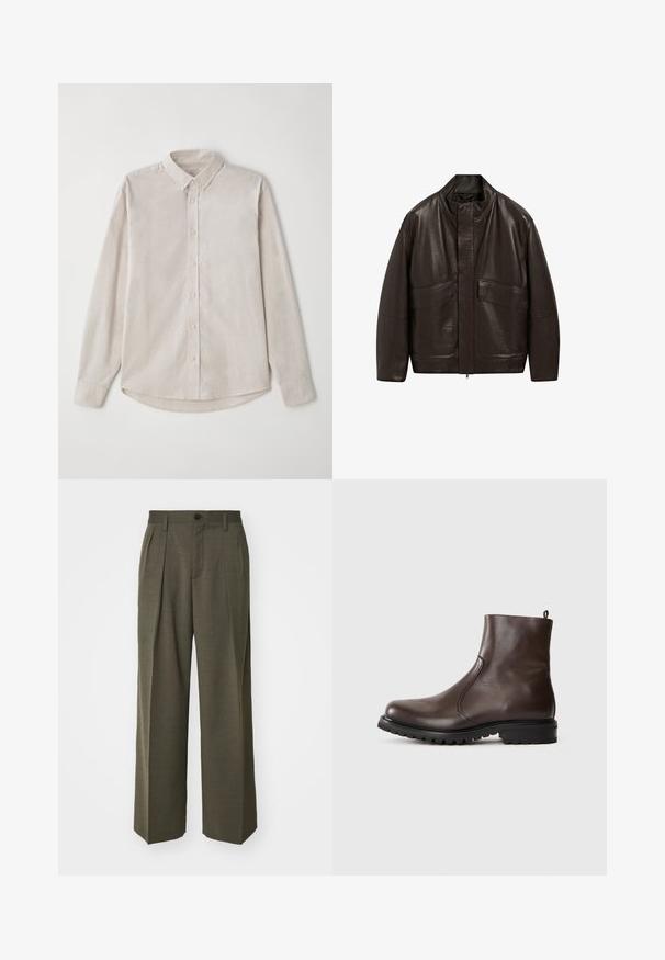 Hnědá kožená bunda s vysokým límcem, zipovým zapínáním a dvěma velkými předními kapsami; má hladkou texturu a volný střih.; Světle béžová košile s dlouhým rukávem vyrobená z jemné látky. S knoflíkovým límcem a centrálním zapínáním na knoflíky s zaobleným spodním lemem.; Filippa K WIDE TROUSERS - Kalhoty - driftwood; Hnědé kožené kotníkové boty s hladkým povrchem, elastickými postranními panely, poutkem na zadní straně a robustní gumovou podrážkou.