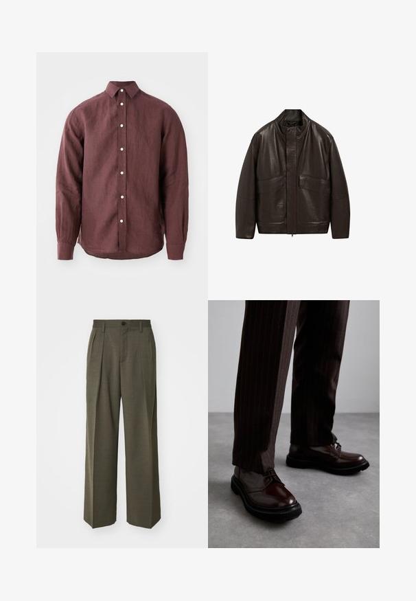 Braune Lederjacke mit hohem Kragen, Reißverschluss und zwei großen Fronttaschen; zeichnet sich durch eine glatte Textur und einen lässigen Schnitt aus.; Bordeauxrotes Langarmshirt aus strukturiertem Stoff, mit klassischem Kragen, Knopfverschluss vorne und Knöpfen in einer kontrastierenden Farbe.; Filippa K WIDE TROUSERS - Stoffhose - driftwood; Braune Leder Schnürschuhe mit glänzender Oberfläche, schwarzer Gummisohle und dezenten Nähten. Getragen mit braunen Angabenhosen mit Nadelstreifen.