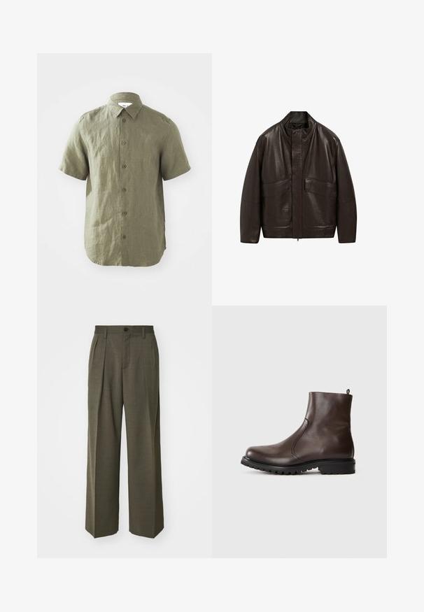 Braune Lederjacke mit hohem Kragen, Reißverschluss und zwei großen Fronttaschen; zeichnet sich durch eine glatte Textur und einen lässigen Schnitt aus.; Olivgrünes Kurzarmhemd aus strukturiertem Stoff, mit Knopfleiste und Kragen, sichtbaren Nähten und einem abgerundeten Saum.; Filippa K WIDE TROUSERS - Stoffhose - driftwood; Braune Leder-Stiefeletten mit glatter Textur, elastischen seitlichen Einsätzen, einer Schlaufe hinten und einer robusten Gummisohle.