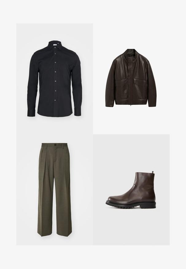 Brown leather jacket with a high collar, zip closure, and two large front pockets; features a smooth texture and relaxed fit design.; Black long-sleeve button-up shirt with a classic collar. Made of smooth fabric, features front buttons and rounded cuffs.; Filippa K WIDE TROUSERS - Trousers - driftwood; Brown leather ankle boot with a smooth texture, elastic side panels, pull tab at the back, and a rugged rubber sole.