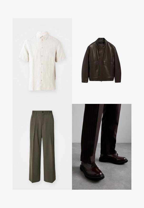 Hnědá kožená bunda s vysokým límcem, zipovým zapínáním a dvěma velkými předními kapsami; má hladkou texturu a volný střih.; Košile s krátkým rukávem z lehkého lněného materiálu v světle béžové barvě. Má standardní límec, zapínání na knoflíky a jemnou texturu. Čistý design bez vzorů.; Filippa K WIDE TROUSERS - Kalhoty - driftwood; Hnědé kožené šněrovací boty s lesklým povrchem, černou gumovou podrážkou a jemným štepováním. Nosené s hnědými pruhovanými kalhotami.
