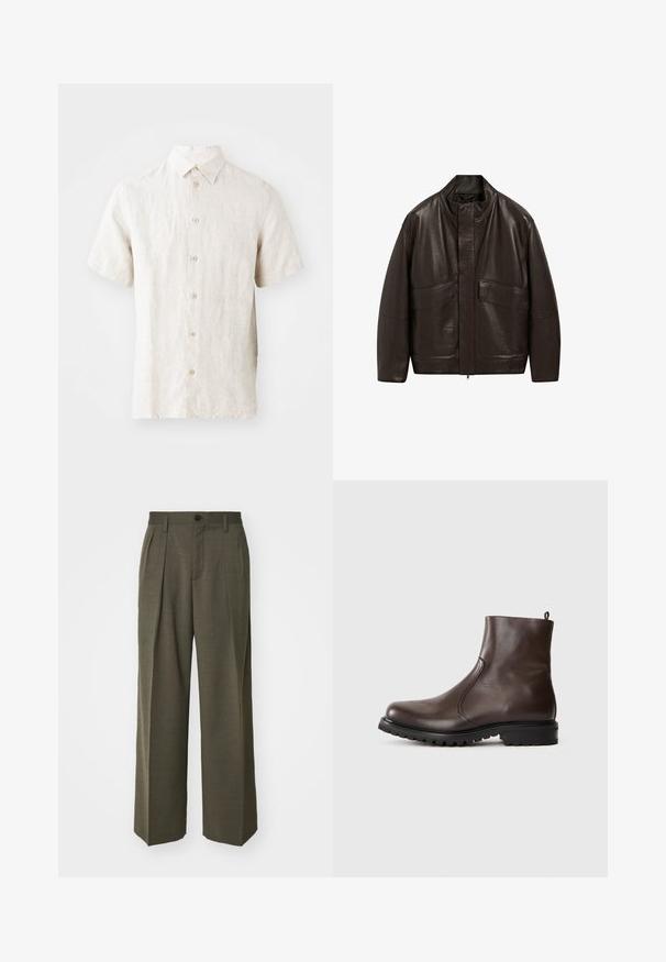 Giubbotto in pelle marrone con colletto alto, chiusura a zip e due grandi tasche frontali; presenta una texture liscia e un design dalla vestibilità comoda.; Camicia in lino a maniche corte di un leggero beige. Presenta un collo standard, chiusura con bottoni e una texture sottile. Design pulito senza motivi.; Filippa K WIDE TROUSERS - Pantaloni - driftwood; Stivale alla caviglia in pelle marrone con una texture liscia, pannelli laterali elasticizzati, linguetta sul retro e suola in gomma robusta.