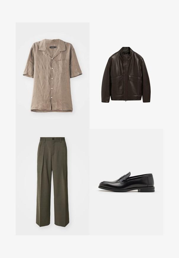 Giubbotto in pelle marrone con colletto alto, chiusura a zip e due grandi tasche frontali; presenta una texture liscia e un design dalla vestibilità comoda.; Camicetta in lino a maniche corte di colore marrone chiaro con colletto, tasca frontale e chiusura con bottoni. Texture morbida con un motivo di tessitura naturale.; Filippa K WIDE TROUSERS - Pantaloni - driftwood; Mocassini neri in pelle con una texture liscia, punta arrotondata e una striscia decorativa sulla tomaia. Tacco basso impilato, design minimalista.