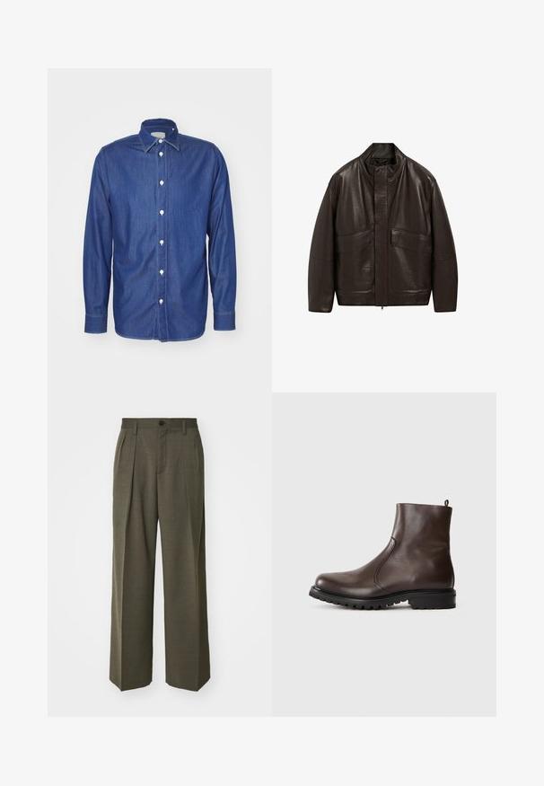 Bruine leren jas met een hoge kraag, ritssluiting en twee grote zijzakken; heeft een gladde textuur en een ontspannen pasvorm.; Donkerblauwe denim overhemd met lange mouwen, knoopsluiting met witte knopen, klassieke kraag en zichtbare stikselaccenten op de naden.; Filippa K WIDE TROUSERS - Broek - driftwood; Bruine leren enkelboot met een gladde textuur, elastische zijpanelen, een trekband aan de achterkant en een robuuste rubberen zool.