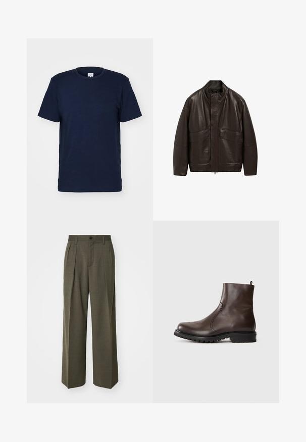 Bruine leren jas met een hoge kraag, ritssluiting en twee grote zijzakken; heeft een gladde textuur en een ontspannen pasvorm.; Korte mouwen navyblauwe t-shirt met ronde hals, gemaakt van zacht materiaal, met een gladde textuur en een eenvoudig ontwerp zonder patronen.; Filippa K WIDE TROUSERS - Broek - driftwood; Bruine leren enkelboot met een gladde textuur, elastische zijpanelen, een trekband aan de achterkant en een robuuste rubberen zool.
