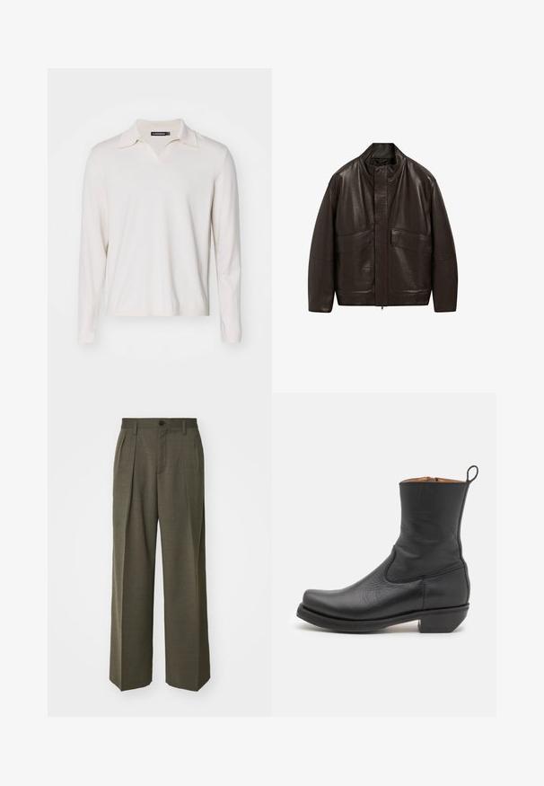 Hnědá kožená bunda s vysokým límcem, zipovým zapínáním a dvěma velkými předními kapsami; má hladkou texturu a volný střih.; Krémová polokošile s dlouhým rukávem a výstřihem do V. Měkká tkanina, žebrované manžety a detaily na spodním lemu. Jednoduchý design bez vzorů nebo akcentů.; Filippa K WIDE TROUSERS - Kalhoty - driftwood; Černá kožená kotníková bota s hladkým povrchem, štíhlým profilem, bočním prošíváním a nízkým čtvercovým podpatkem. Obsahuje poutko na zadní straně.