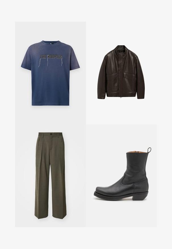 Brun läderjacka med hög krage, dragkedjestängning och två stora framfickor; har en slät yta och en avslappnad passform.; Marinblå bomullströja med korta ärmar, med broderad text "THE KOOPLES" i kontrasterande tråd på framsidan. Enkel design, avslappnad passform.; Filippa K WIDE TROUSERS - Tygbyxor - driftwood; Svart läderankelsko med en slät yta, smal profil, sidostickningar och en låg, fyrkantig klack. Har en dra-flik bak.