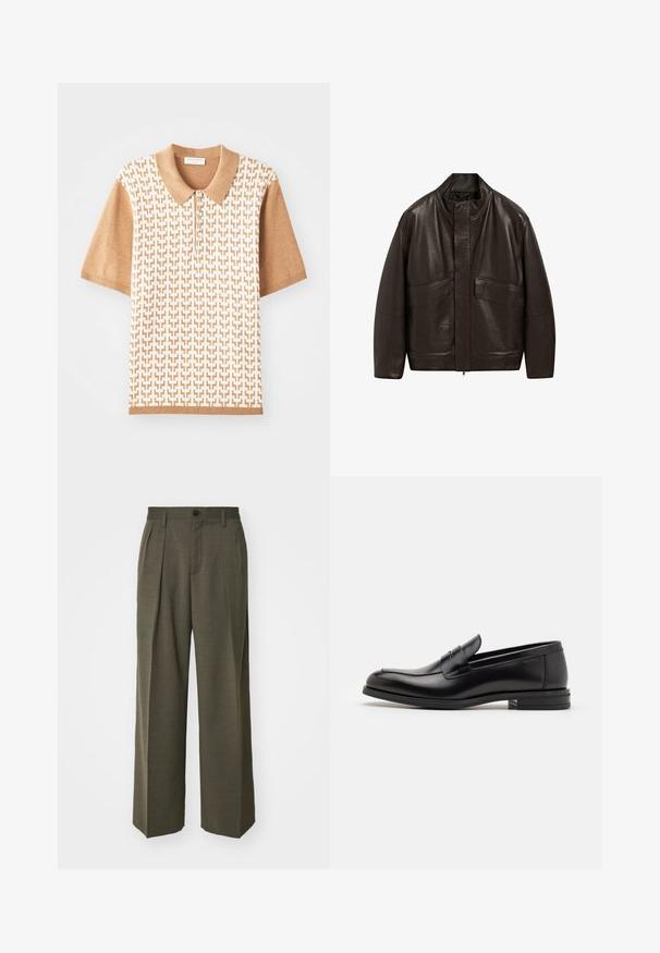 Brun läderjacka med hög krage, dragkedjestängning och två stora framfickor; har en slät yta och en avslappnad passform.; Kortärmad polo med ett beige-texturerat mönster, ljusbrun krage och cuffar, med tre knappar och geometriska mönster.; Filippa K WIDE TROUSERS - Tygbyxor - driftwood; Svarta läderloafers med en slät yta, rund tå och ett dekorativt band över främre delen. Låg staplad klack, minimalistisk design.