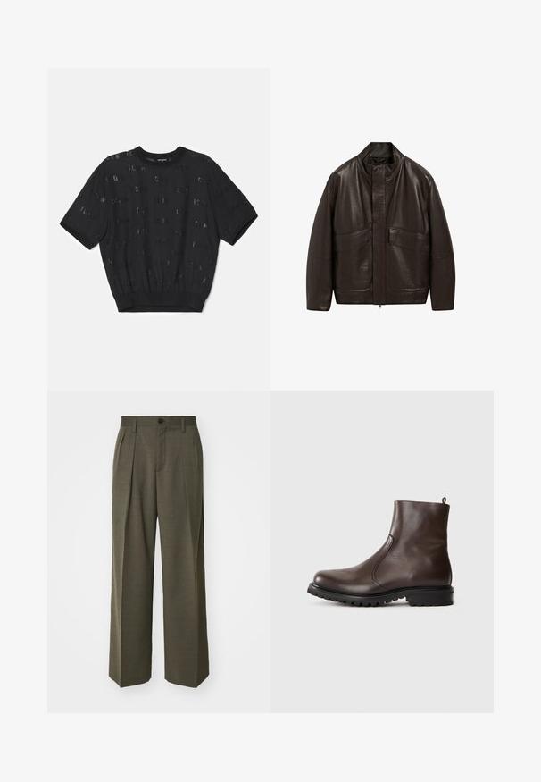 Braune Lederjacke mit hohem Kragen, Reißverschluss und zwei großen Fronttaschen; zeichnet sich durch eine glatte Textur und einen lässigen Schnitt aus.; Schwarzes kurzärmliges Sweatshirt aus strukturiertem Stoff, mit einem gerippten Saum und verstreuten, glitzernden Buchstaben über dem gesamten Körper.; Filippa K WIDE TROUSERS - Stoffhose - driftwood; Braune Leder-Stiefeletten mit glatter Textur, elastischen seitlichen Einsätzen, einer Schlaufe hinten und einer robusten Gummisohle.