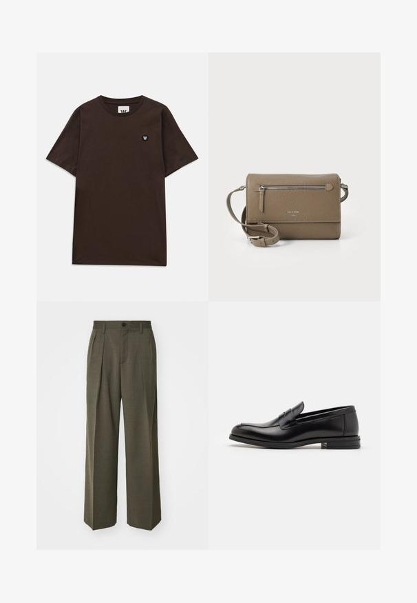 Bruine leren jas met een hoge kraag, ritssluiting en twee grote zijzakken; heeft een gladde textuur en een ontspannen pasvorm.; Donkerbruine t-shirt met korte mouwen, een ronde halslijn en een klein zwart-wit logo-opdruk op de bovenste linkerkant van de borst.; Filippa K WIDE TROUSERS - Broek - driftwood; Zwarte leren instappers met een gladde textuur, ronde neus en een decoratieve band over de wreef. Lage, gestapelde hak en minimalistisch ontwerp.; Taupe leren schoudertas met een ritsvak aan de voorkant, verstelbare band, geribbeld textuur en een verdiept logo aan de voorkant.