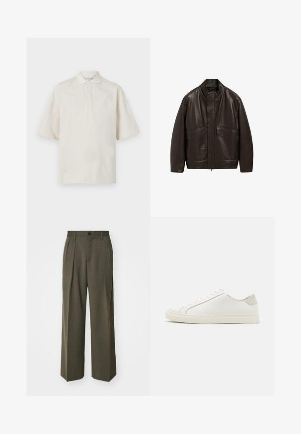 Bruine leren jas met een hoge kraag, ritssluiting en twee grote zijzakken; heeft een gladde textuur en een ontspannen pasvorm.; Beige polo shirt met korte mouwen, kraaghal, drie knopen aan de voorkant en een zachte textuur. Heeft een ontspannen, boxy pasvorm.; Filippa K WIDE TROUSERS - Broek - driftwood; Witte leren sneaker met een gladde oppervlakte, ronde neus en minimalistisch ontwerp. Heeft beige accenten op de hiel en een rubberen zool.