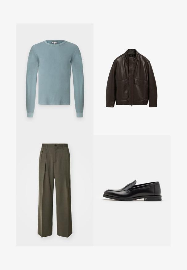 Braune Lederjacke mit hohem Kragen, Reißverschluss und zwei großen Fronttaschen; zeichnet sich durch eine glatte Textur und einen lässigen Schnitt aus.; Helles blaues Langarmhemd mit gerippter Textur und Rundhalsauschnitt. Verfügt über eng anliegende Bündchen und ein einfaches Markenlabel am Kragen.; Filippa K WIDE TROUSERS - Stoffhose - driftwood; Schwarze Lederloafers mit glatter Textur, rundem Zehenbereich und einem dekorativen Riemen über dem Vorderfuß. Niedriger, gestapelter Absatz, minimalistisches Design.