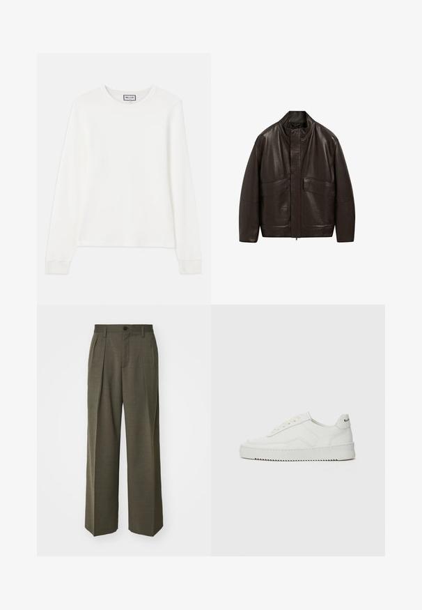 Hnědá kožená bunda s vysokým límcem, zipovým zapínáním a dvěma velkými předními kapsami; má hladkou texturu a volný střih.; Bílý dlouhý rukáv, ribovaný pletený top s kulatým výstřihem a úzkými manžetami. Obsahuje štítek s nápisem "PAUL & JOE" na límci.; Filippa K WIDE TROUSERS - Kalhoty - driftwood; Bílé kožené tenisky s hladkým povrchem, kulatou špičkou, plochými tkaničkami a texturovanou podrážkou. Na patě se nachází nenápadné logo.