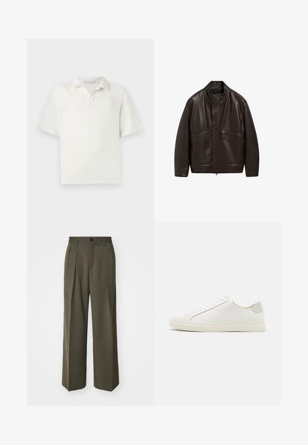 Braune Lederjacke mit hohem Kragen, Reißverschluss und zwei großen Fronttaschen; zeichnet sich durch eine glatte Textur und einen lässigen Schnitt aus.; Kurzarm-Poloshirt in Weiß, aus strukturiertem Stoff gefertigt. Verfügt über einen klassischen Kragen und eine schlichte Leiste mit zwei Knöpfen.; Filippa K WIDE TROUSERS - Stoffhose - driftwood; Weiße Leder Sneakers mit glatter Oberfläche, runder Zehenform und minimalistischem Design. Mit beigen Akzenten an der Ferse und einer Gummisohle.