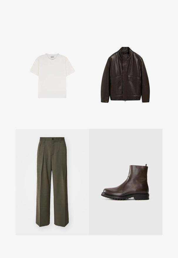 Braune Lederjacke mit hohem Kragen, Reißverschluss und zwei großen Fronttaschen; zeichnet sich durch eine glatte Textur und einen lässigen Schnitt aus.; Scalpers SOLID - T-Shirt basic - cream; Filippa K WIDE TROUSERS - Stoffhose - driftwood; Braune Leder-Stiefeletten mit glatter Textur, elastischen seitlichen Einsätzen, einer Schlaufe hinten und einer robusten Gummisohle.